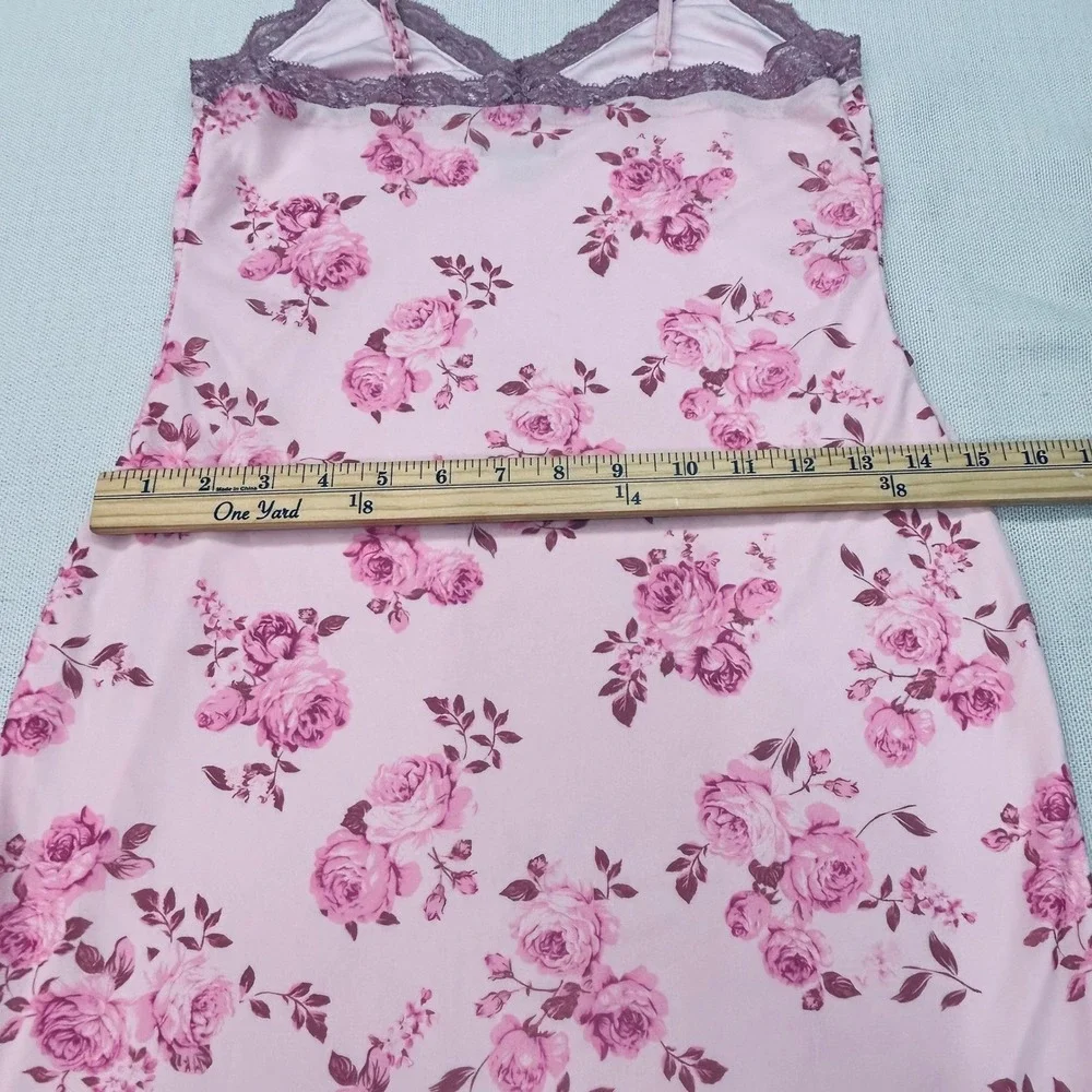 Pink Floral‎ Slip Dress Small Lace Trim Chemise Lingerie Nightgown Y2K Coquette